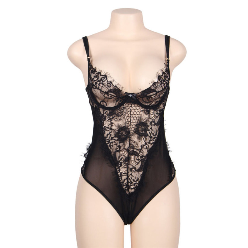 Subblime - Queen Plus Dentelle Florale Et Teddy Noir  Franges